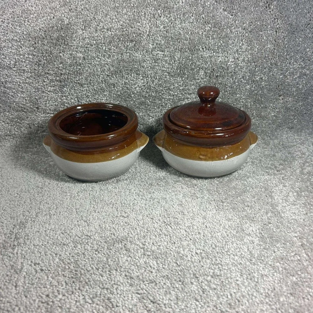 Bean Pot Brown Tan Cream Stoneware Mini Crocks Set of 2 with 1 Lid